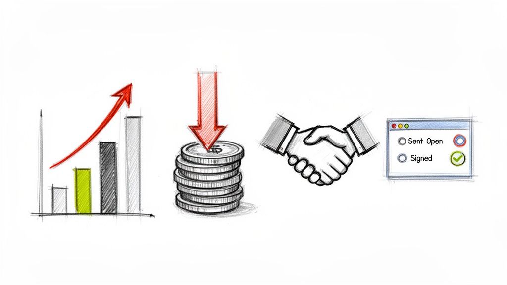 Croissance des bénéfices, réduction des coûts, accord commercial et signature électronique réussie illustrés par des icônes.