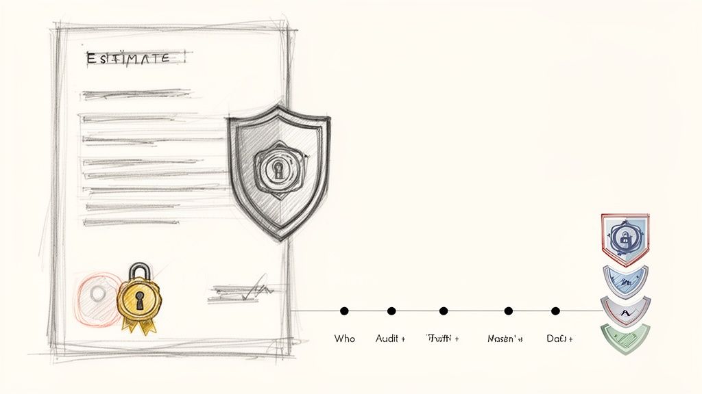 Esquisse d'un devis sécurisé avec bouclier et cadenas, illustrant un processus d'audit et de signature.