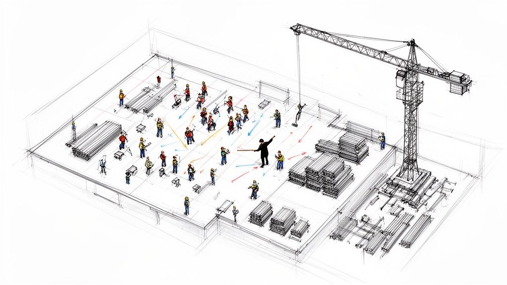 Chantier de construction schématique avec ouvriers, grue, matériaux et flux de travail dirigés par un superviseur.