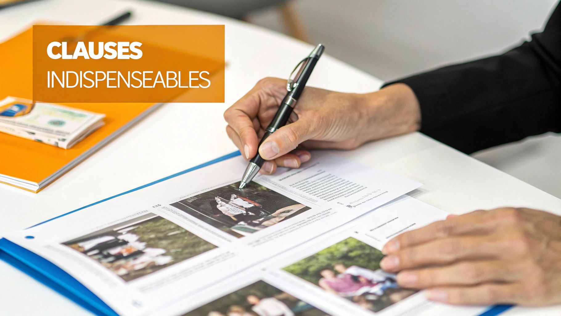 Une personne écrit avec un stylo sur un document illustré posé sur une table blanche, à côté d'un dossier orange.