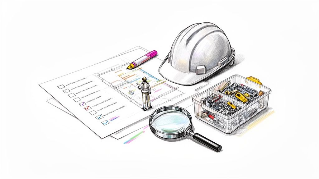 Un casque, des plans, une figurine d'ouvrier, et divers outils symbolisant la planification de projet.