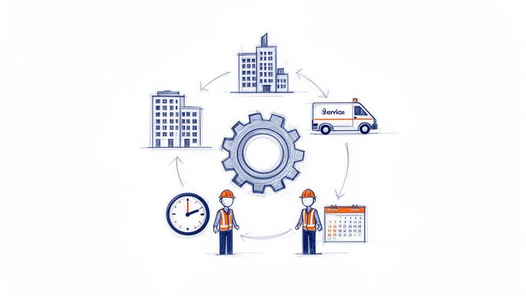 Diagramme circulaire illustrant la planification des services sur le terrain avec bâtiments, camionnette, ouvriers, calendrier et horloge.