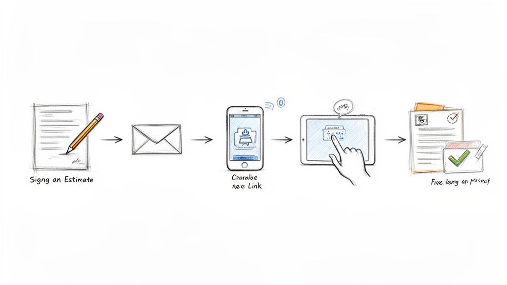 Flux de travail de signature électronique d'un devis, de l'envoi à l'approbation via mobile et tablette.