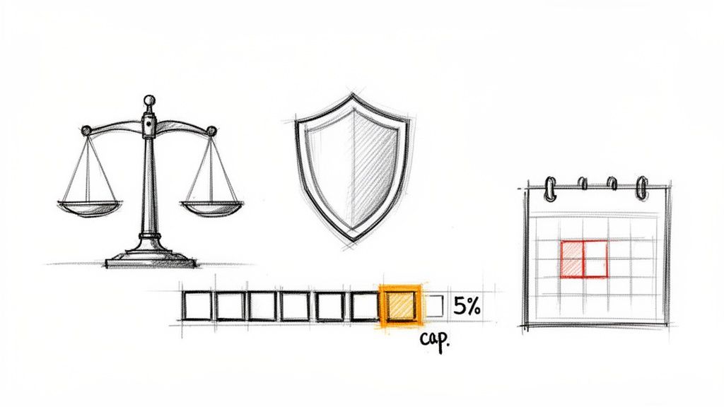 Illustration de concepts contractuels: une balance, un bouclier, un cap de 5% et un calendrier.