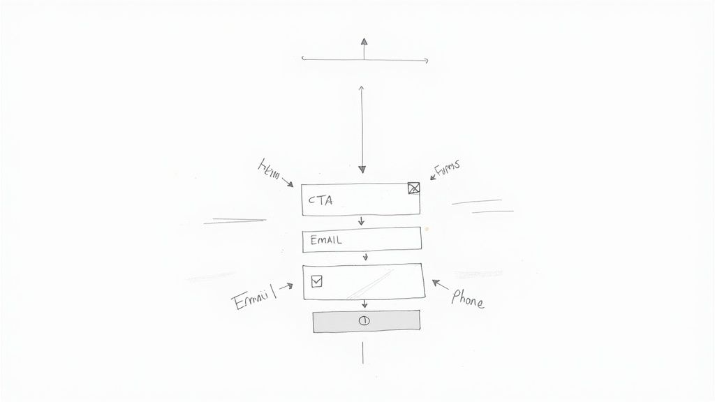 Hand-drawn flowchart illustrating a digital marketing conversion funnel with CTA, email, and phone steps.