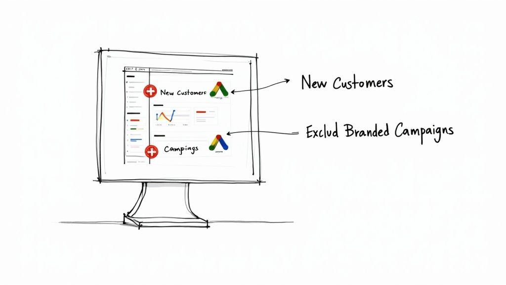 A magnifying glass hovering over a computer screen showing digital advertising analytics and charts.