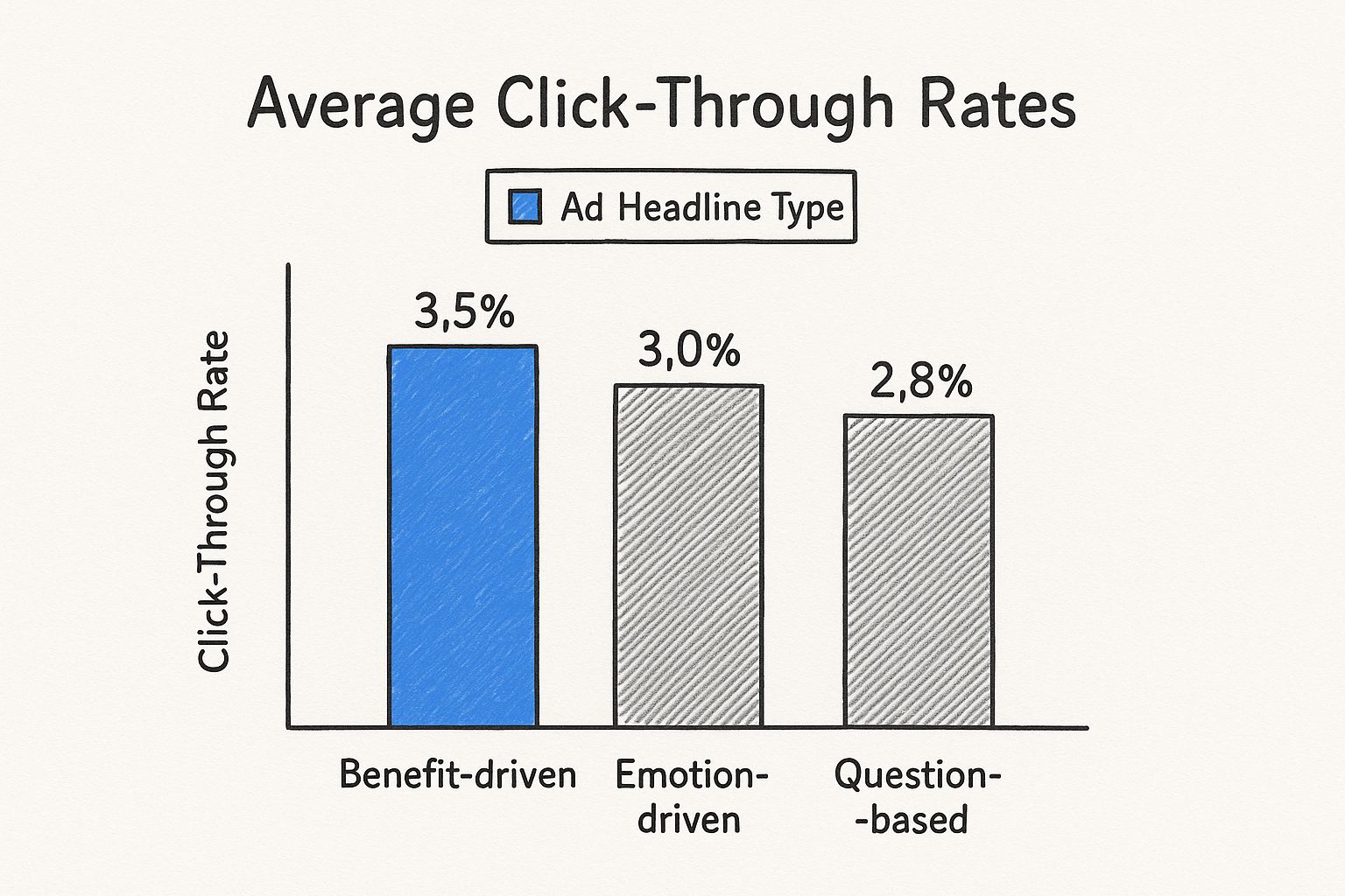 Infographic comparing click-through rates for benefit-driven, emotion-driven, and question-based ad headlines.