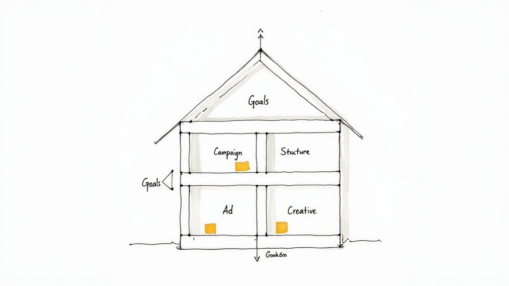 A hand-drawn house diagram outlining a Pay-Per-Click (PPC) strategy, featuring Goals, Campaign, Structure, Ad, and Creative.