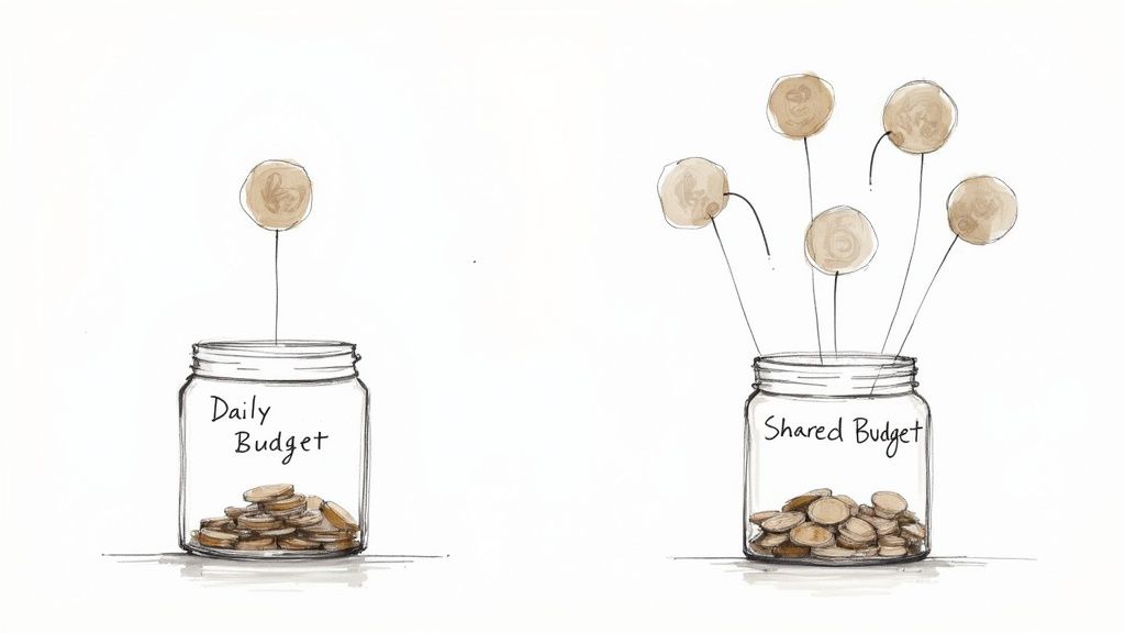Two overlapping circles, one labeled 'Daily Budget' and the other 'Shared Budget,' illustrating the choice between individual and pooled ad spending.