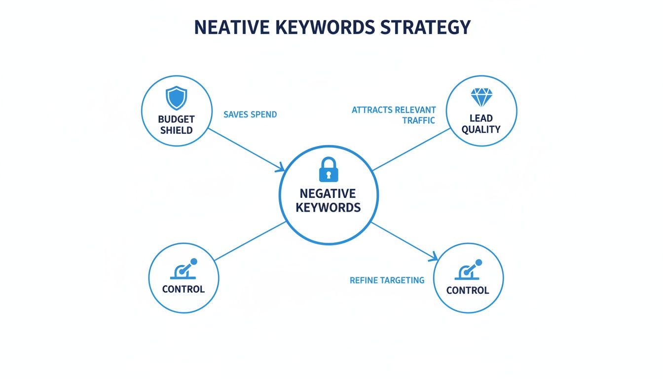 Infographic illustrating the strategic benefits of using negative keywords in advertising campaigns.