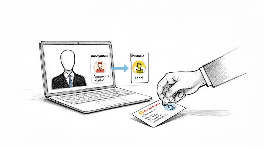 Illustration of an anonymous online visitor converting into a qualified lead with contact details.
