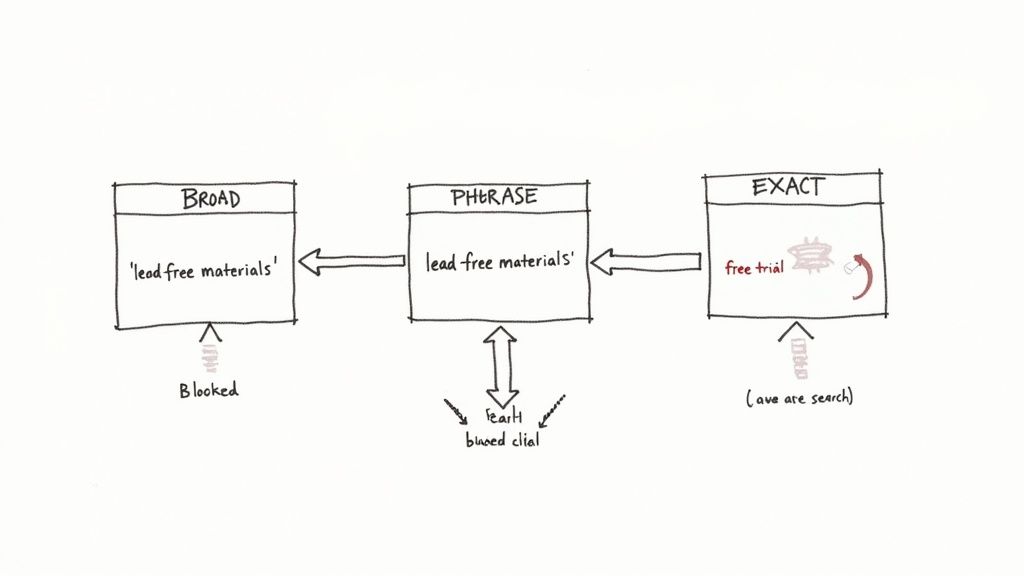 Diagram showing three keyword match types: broad, phrase, and exact match with lead-free materials example