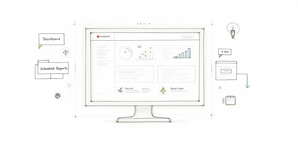 A conceptual sketch of a computer monitor displaying a dashboard with various reports and related icons.