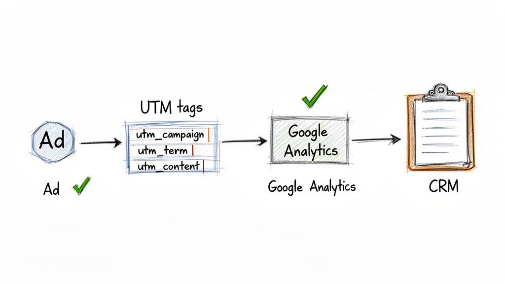 Diagram illustrating the workflow of PPC ad tracking from ad to UTM tags, Google Analytics, and CRM.