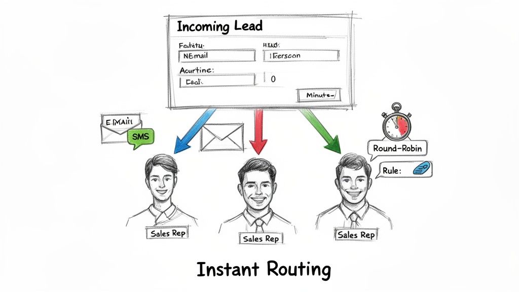 Diagram showing incoming sales leads instantly routed to multiple sales reps using email, SMS, round-robin, and rules.