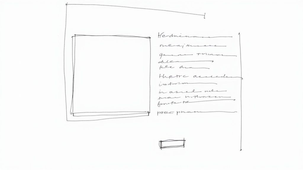 Hand-drawn sketch of a webpage wireframe showing content blocks and illegible text placeholders.
