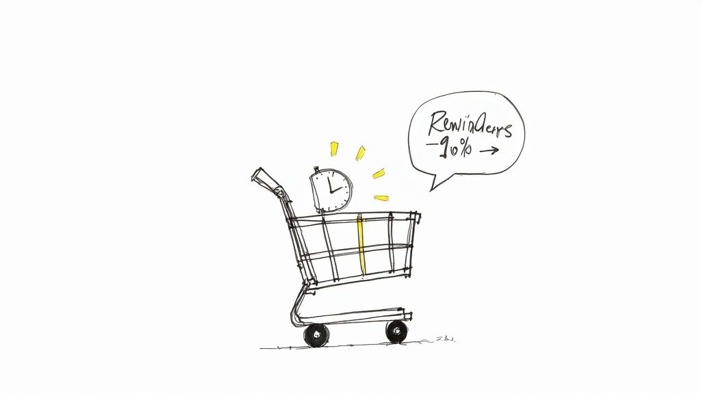 Hand-drawn shopping cart with a clock, accompanied by a speech bubble showing 'Reminders -10%'.