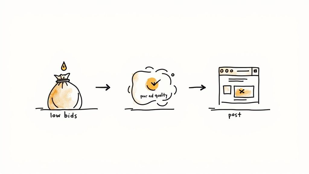 A diagram illustrating the negative impact of low bids on ad quality, leading to an ineffective post.