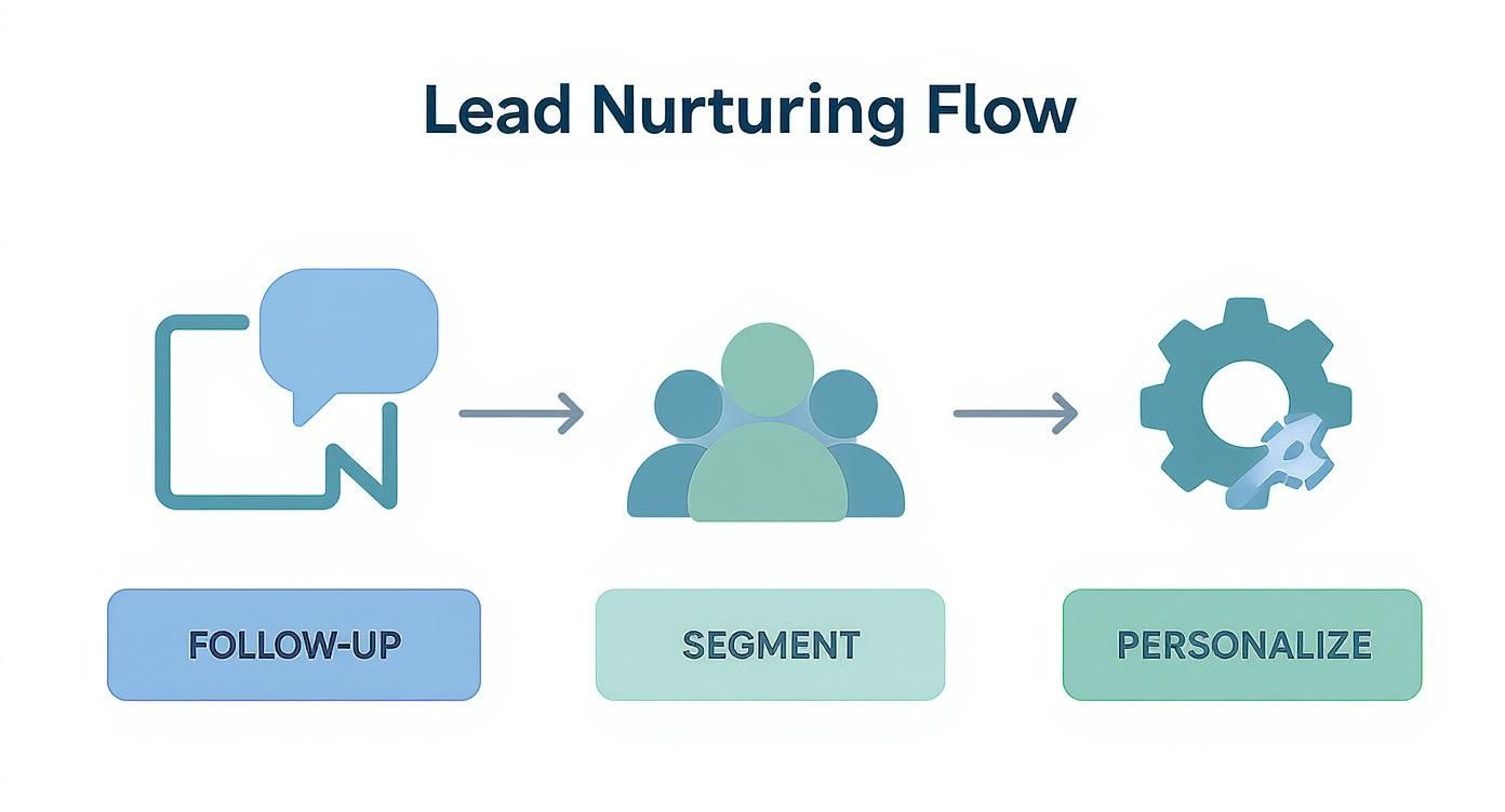 A 'Lead Nurturing Flow' diagram showing steps: follow-up, segment, and personalize.