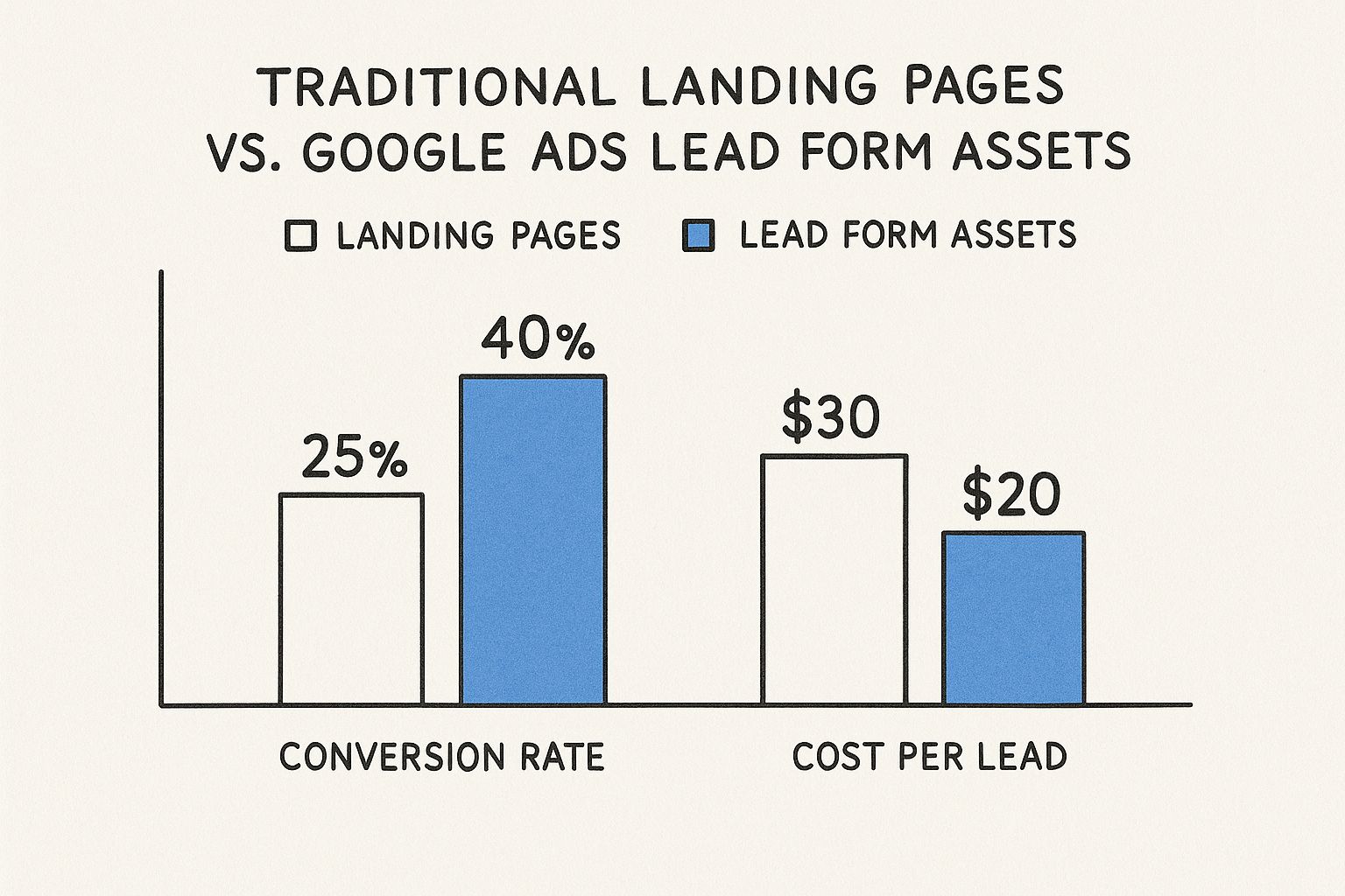 Infographic comparing the higher conversion rate and lower cost per lead of Google Ads lead form assets against traditional landing pages.