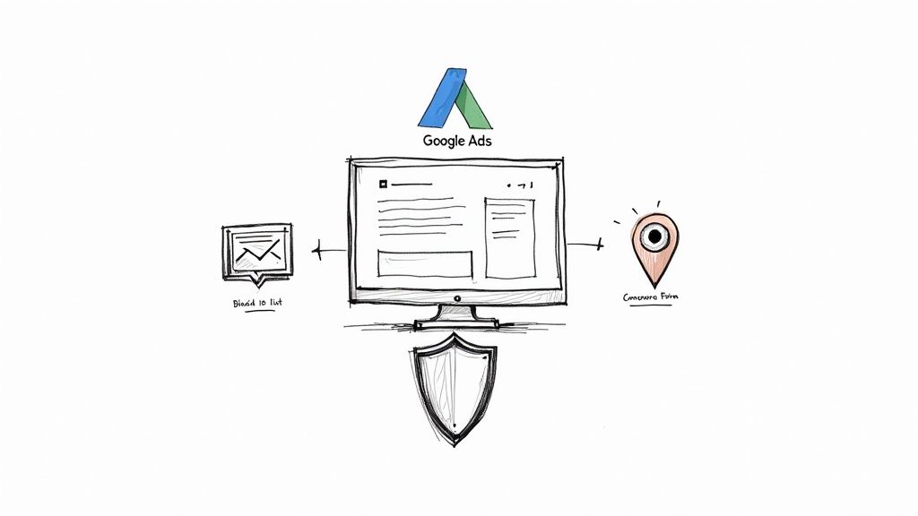 Diagram illustrating a Google Ads workflow on a computer monitor, with data input, conversion form output, and a security shield.