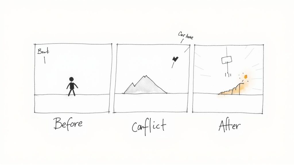 A three-panel storyboard showing a story structure: Before (person, boat), Conflict (mountain, car), and After (explosion).