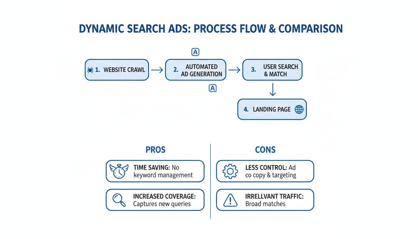 Flowchart illustrating Dynamic Search Ads process: website crawl, automated ad generation, user search, and landing page, with pros and cons.