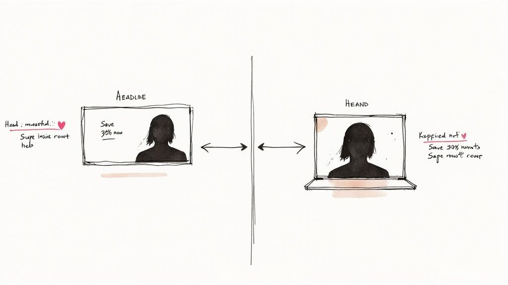 Hand-drawn sketch comparing two landing page variations with headlines and silhouettes, indicating A/B testing for optimization.