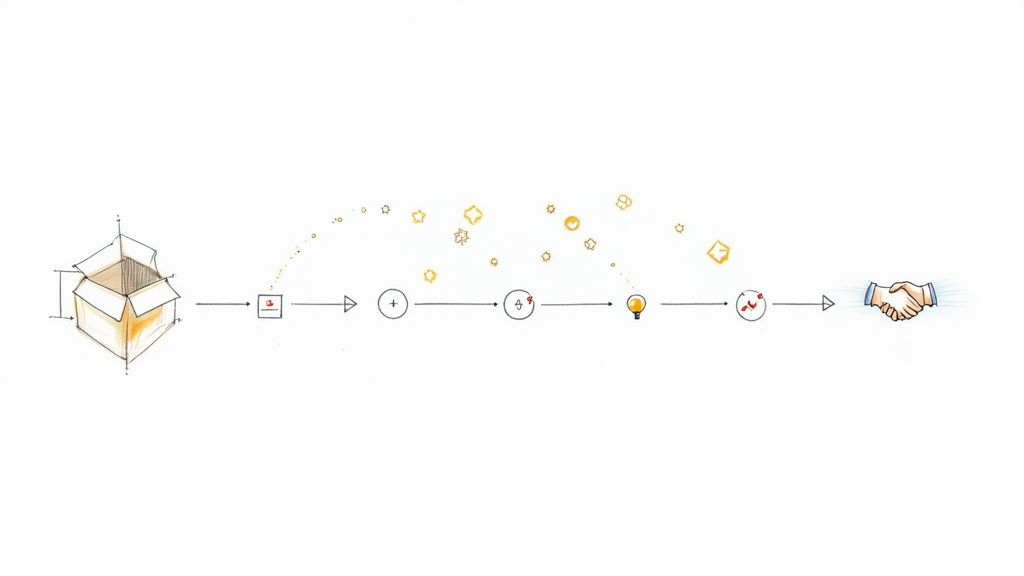 Diagram showing a step-by-step business process from concept to a handshake agreement.
