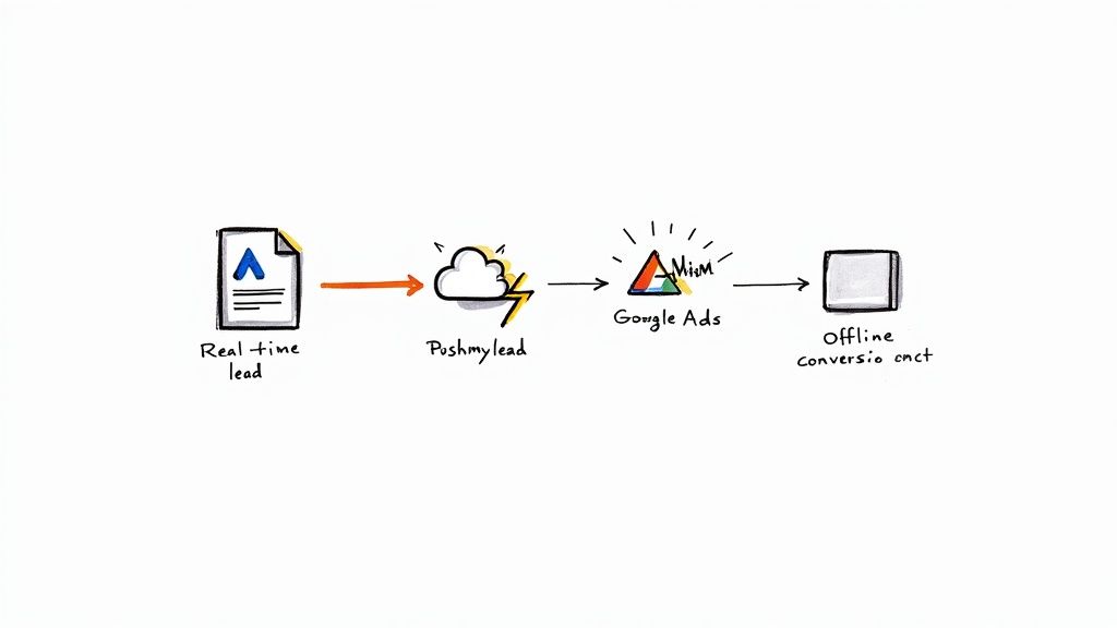 Flowchart illustrating real-time lead processing through Pushmylead to Google Ads for offline conversions.