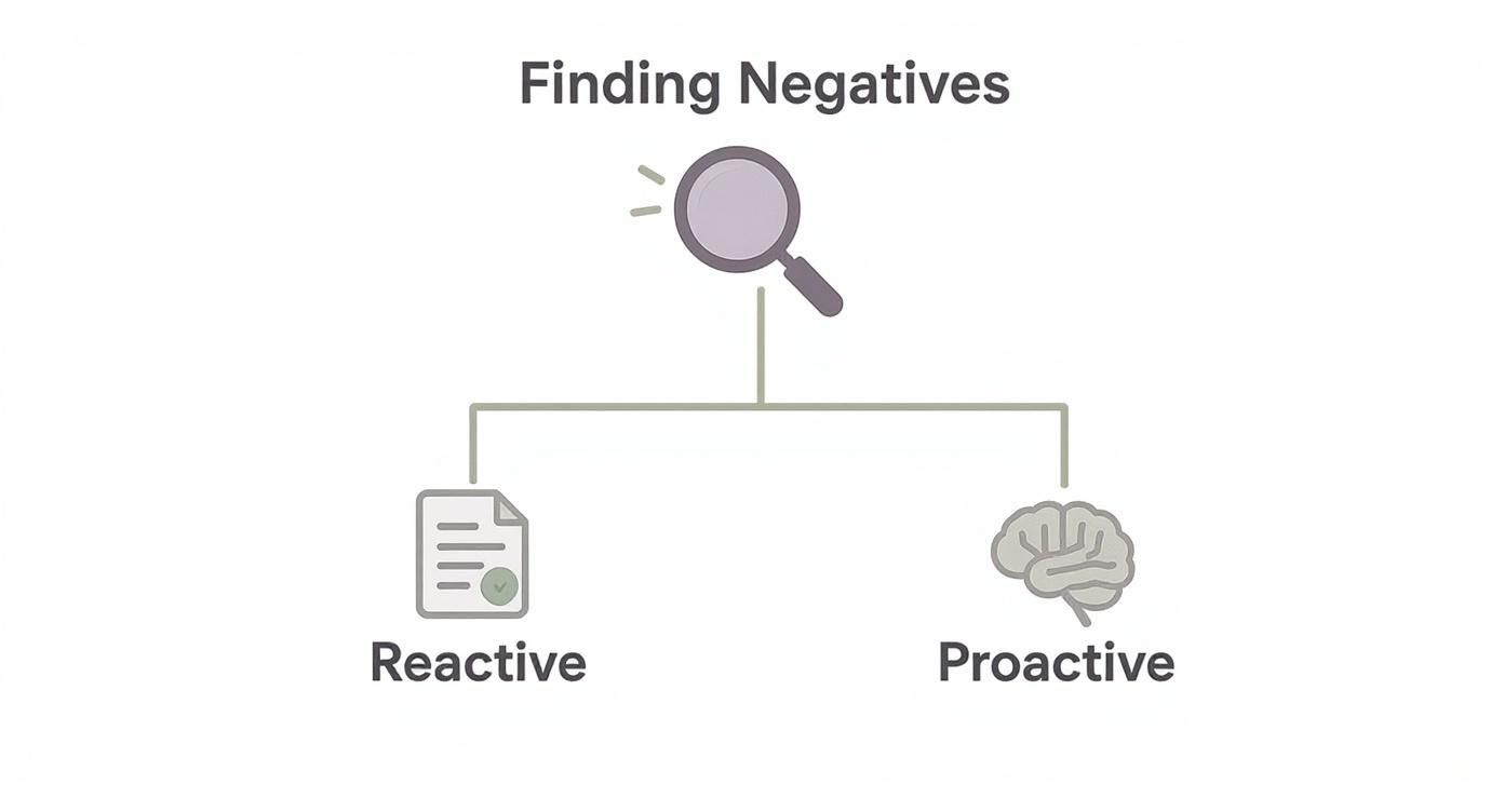 Diagram showing two approaches to finding negatives: reactive with document icon and proactive with brain icon