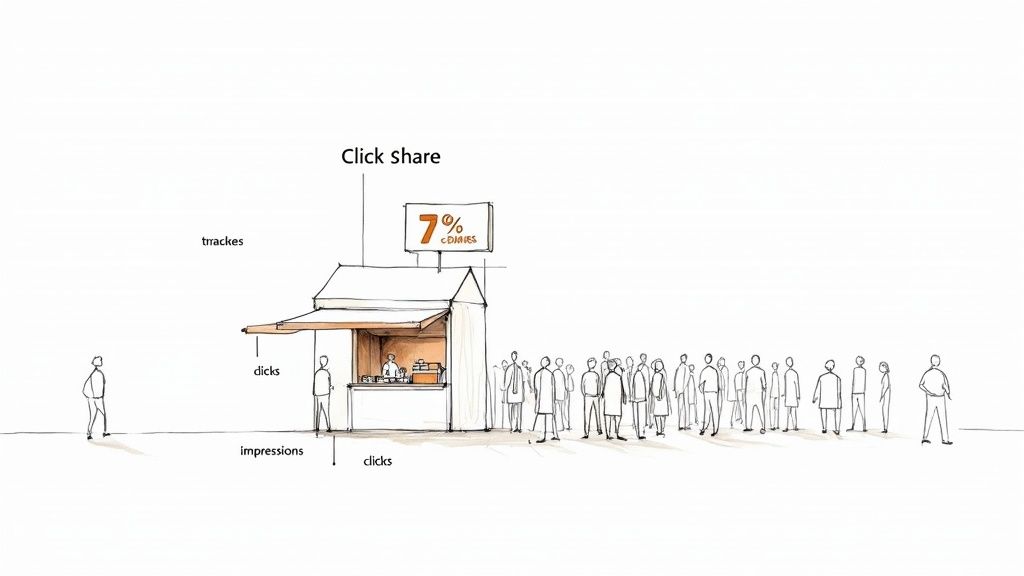 Sketch illustrating online advertising metrics with a food stand, a queue, and 'Click share' sign.