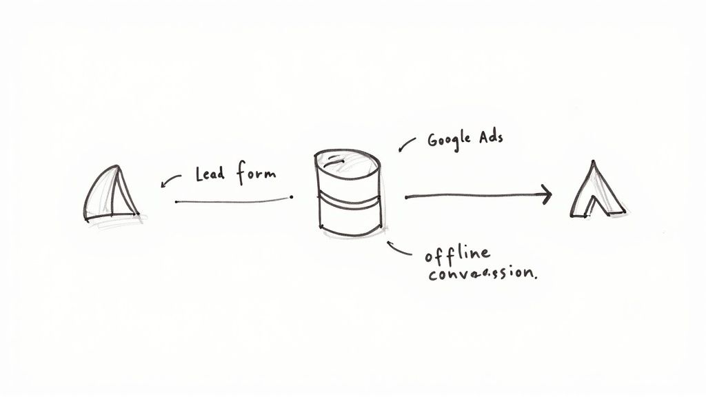 Diagram showing lead form funnel collecting data from Google Ads and offline conversions into database