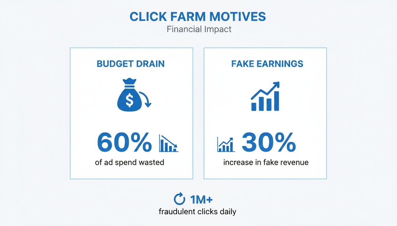 Financial impact of click farms: 60% ad spend wasted, 30% fake revenue increase, 1M+ fraudulent clicks daily.