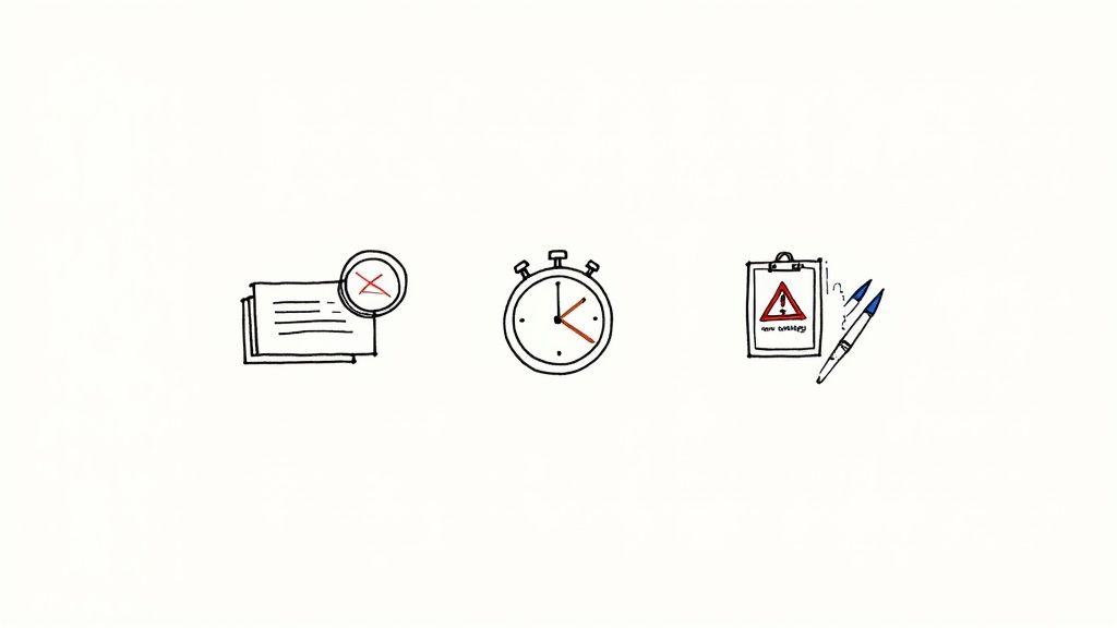Hand-drawn icons representing issues, time, and warnings for documents or tasks.