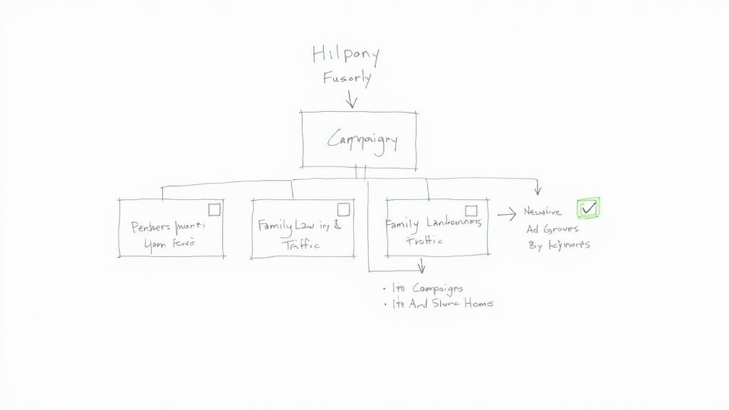 Hand-drawn flowchart showing Google Ads campaign structure with ad groups and negative keywords strategy