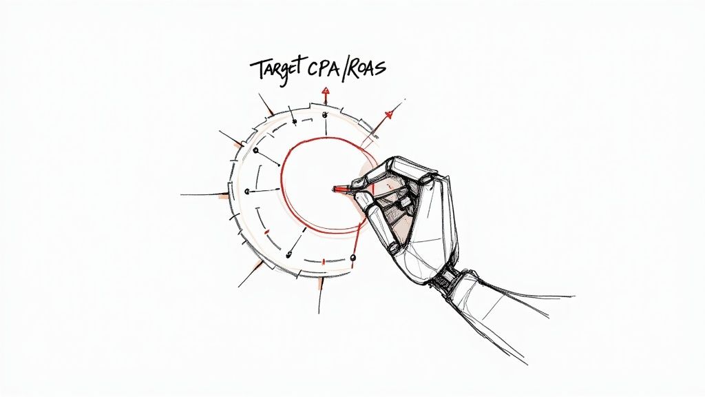 A visual representation of Google's AI and machine learning algorithms processing data for smarter bidding.