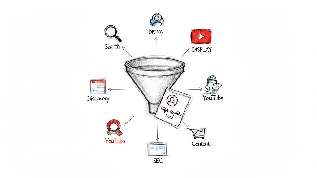 A marketing funnel showing various channels like Search, Display, Discovery, YouTube, SEO, and Content leading to high-quality leads.