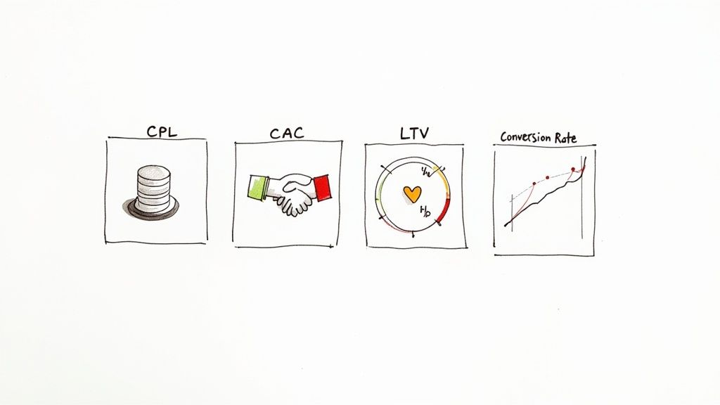Illustrations of CPL, CAC, LTV, and Conversion Rate metrics, representing business and marketing concepts.