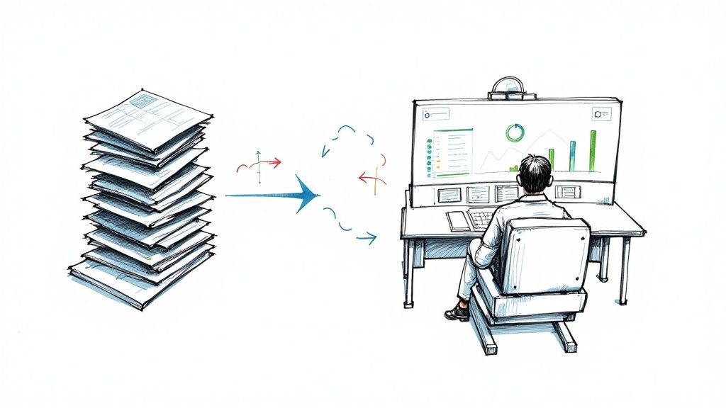 A stack of physical papers transforming into digital data and analytical reports on a large computer screen.