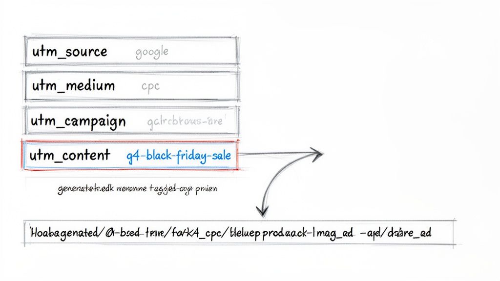 Illustration showing UTM parameters like source, medium, campaign, and content, used for tracking marketing efforts.