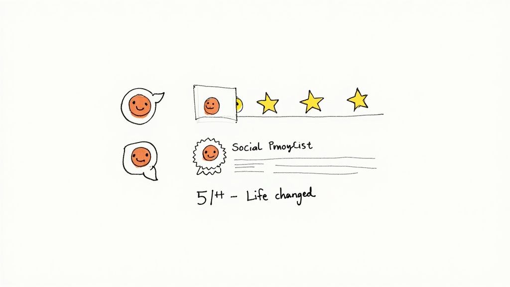 A hand-drawn illustration showing social media feedback, star ratings, and a positive review.