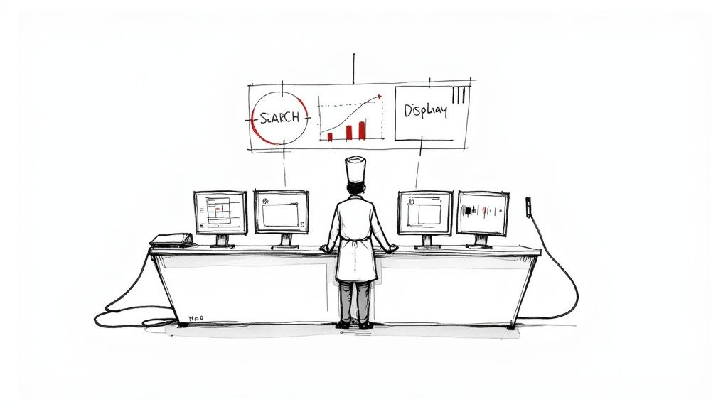 A chef monitors multiple computer screens and a large display showing search data and analytics.