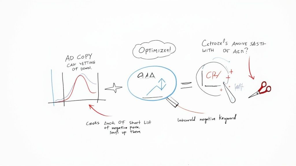 Diagram showing Google Ads optimization process for reducing CPA through negative keyword management