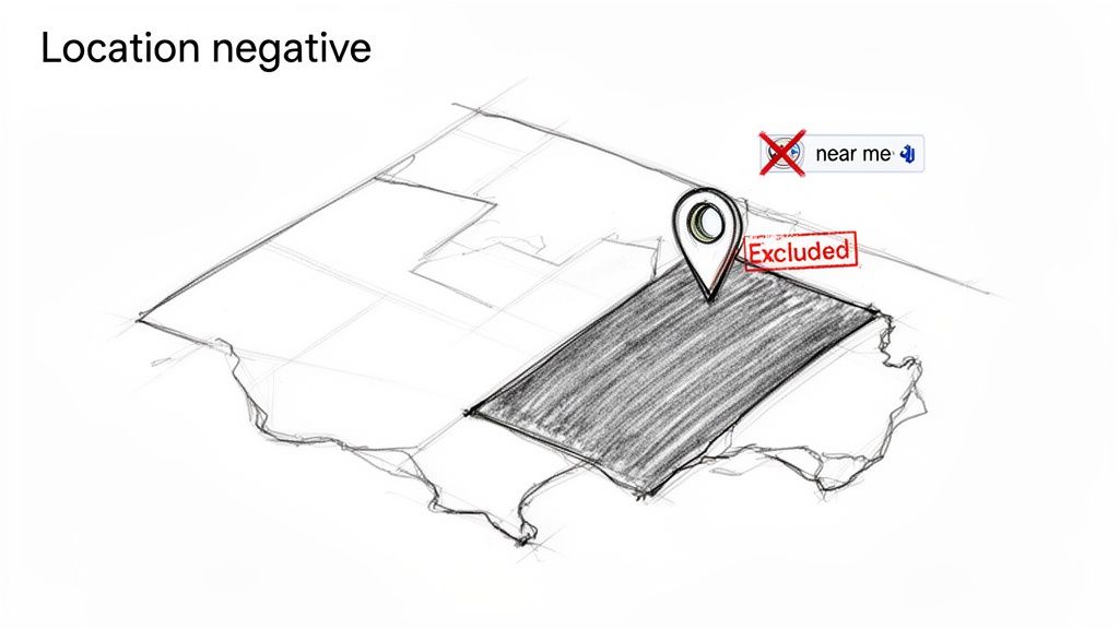 Sketch map showing location negative targeting, with a shaded area marked 'Excluded' and 'near me' search crossed out.