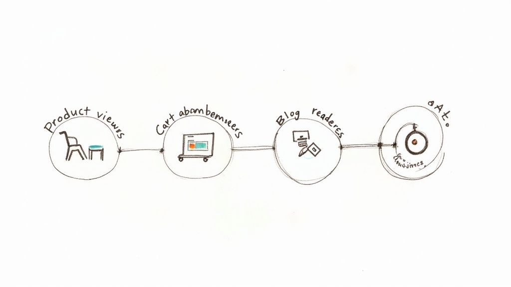 A marketing funnel diagram showing user stages: product views, cart abandoners, blog readers, and acquisition.
