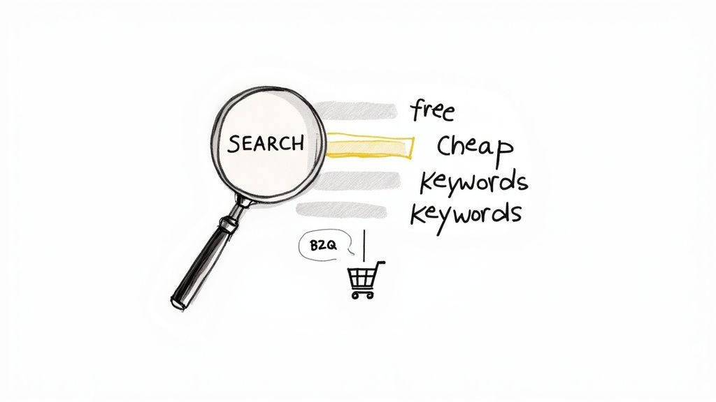 Magnifying glass with search concept showing free and cheap keywords with shopping cart illustration