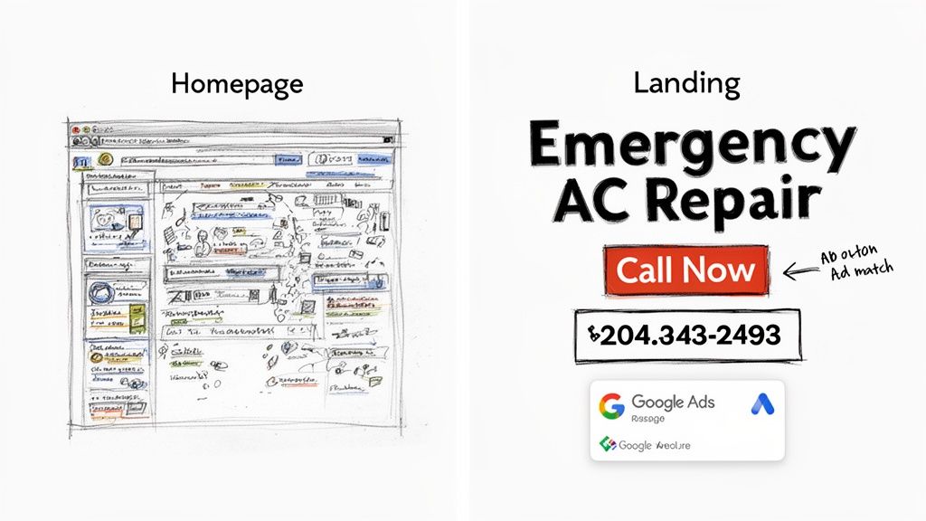 Comparison of a busy website homepage sketch and a clean, direct emergency AC repair landing page with a 'Call Now' button.
