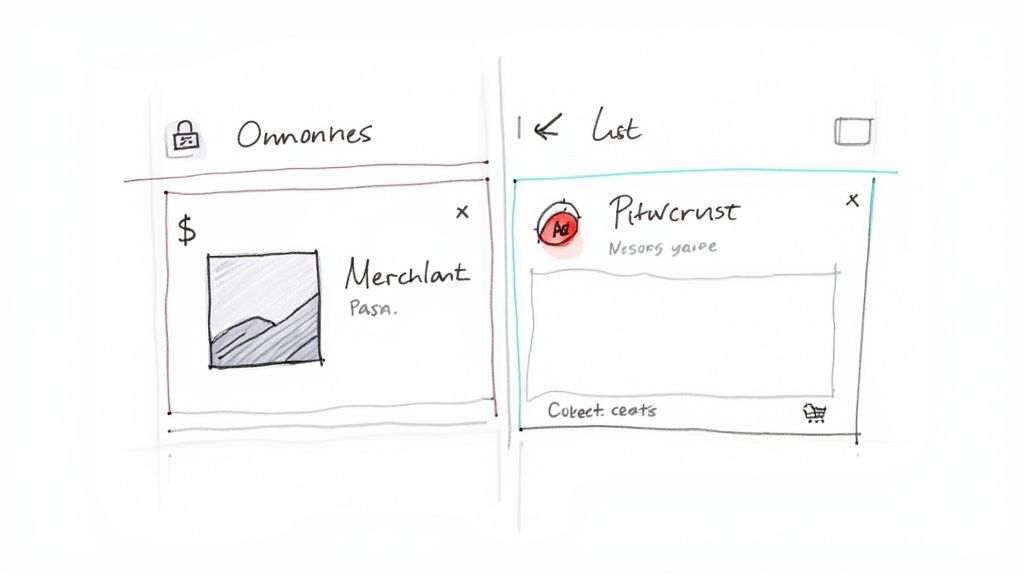 A hand-drawn sketch displaying two mobile app wireframes with text, icons, and placeholder content.