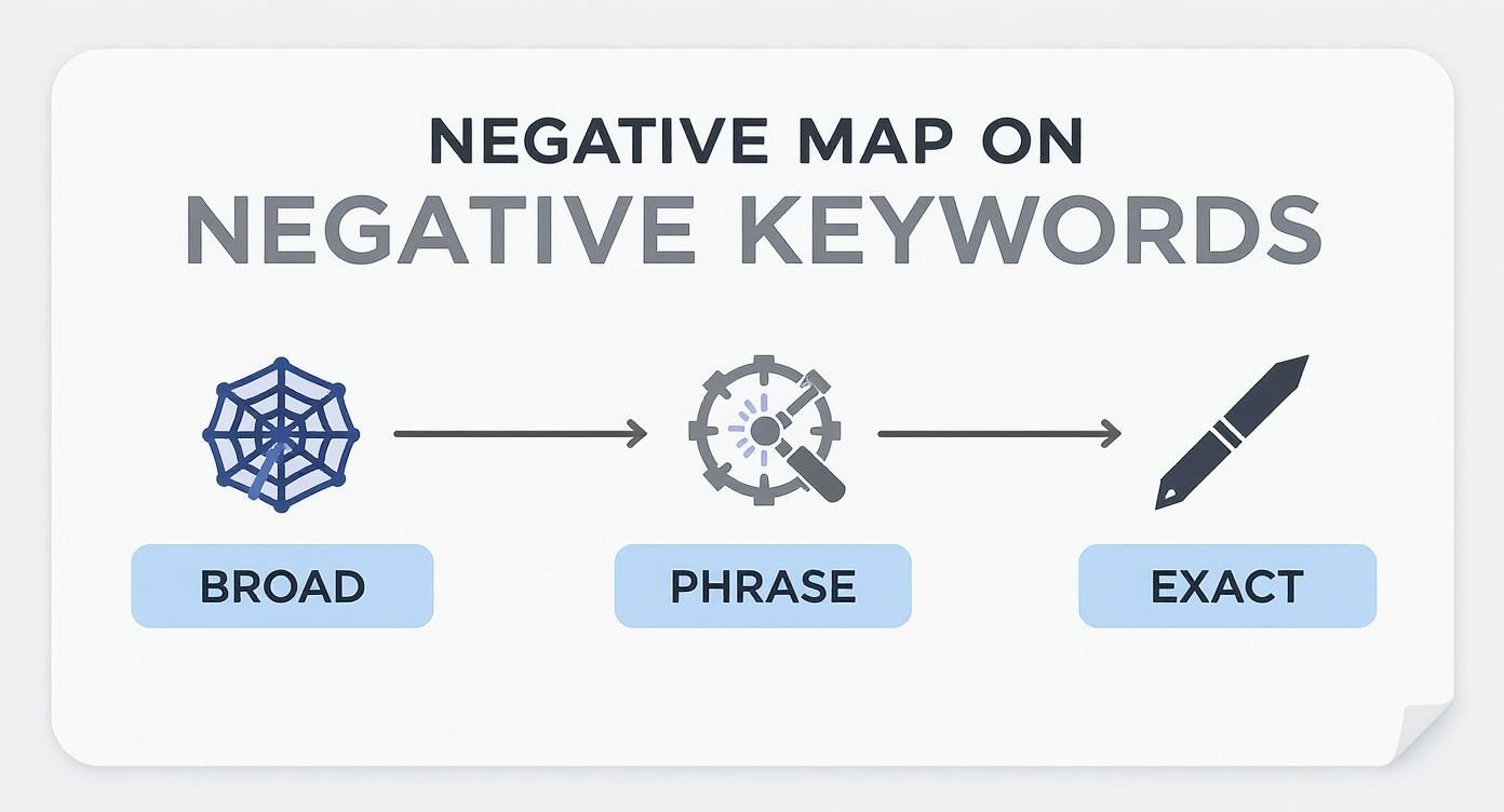 Diagram illustrating the progression of negative keyword match types: broad, phrase, and exact.